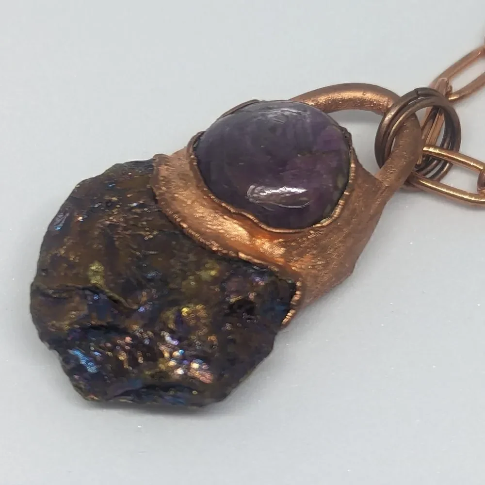 'Ameliana' Unakite Rune, Bornite & Ruby Necklace